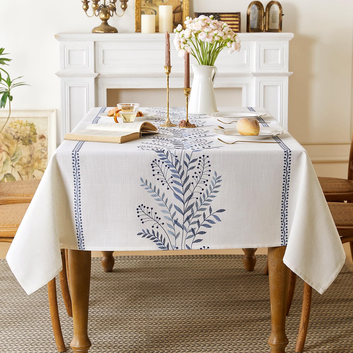 Aiimart linen-style embroidered tablecloth in blue, 55x71 inches enhances dining ambiance.