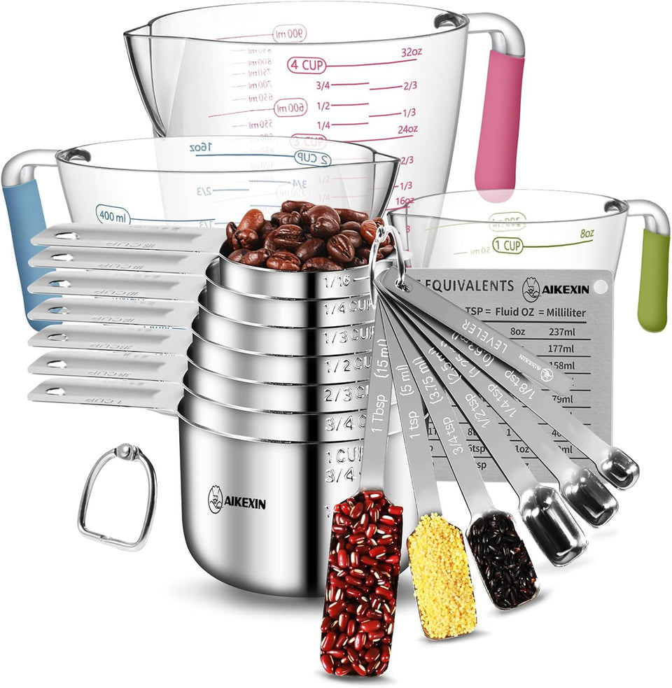 AIKEXIN 20-piece measuring set with stainless steel cups and spoons for precise cooking.