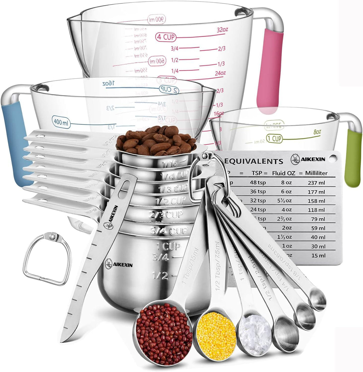 Aikexin measuring cups and spoons nest neatly for organized kitchen storage.