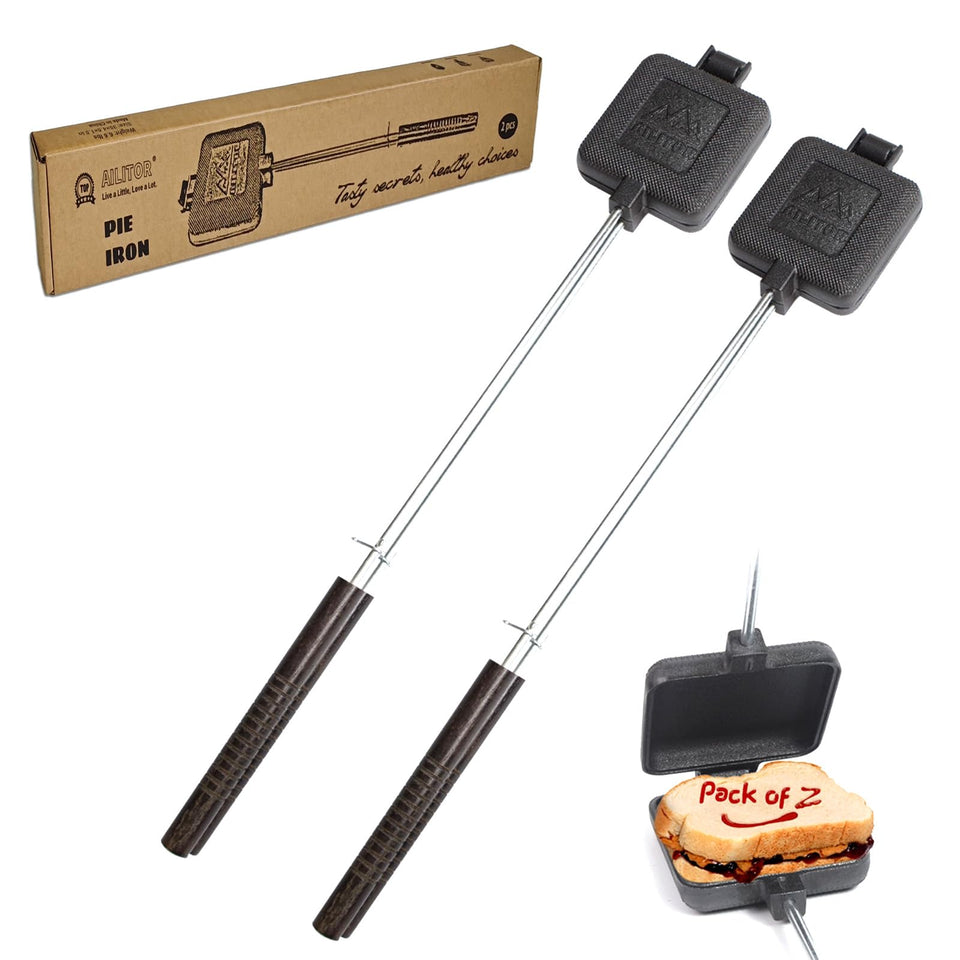 AILITOR cast iron camp pie cooker with long wooden handle for campfire use.