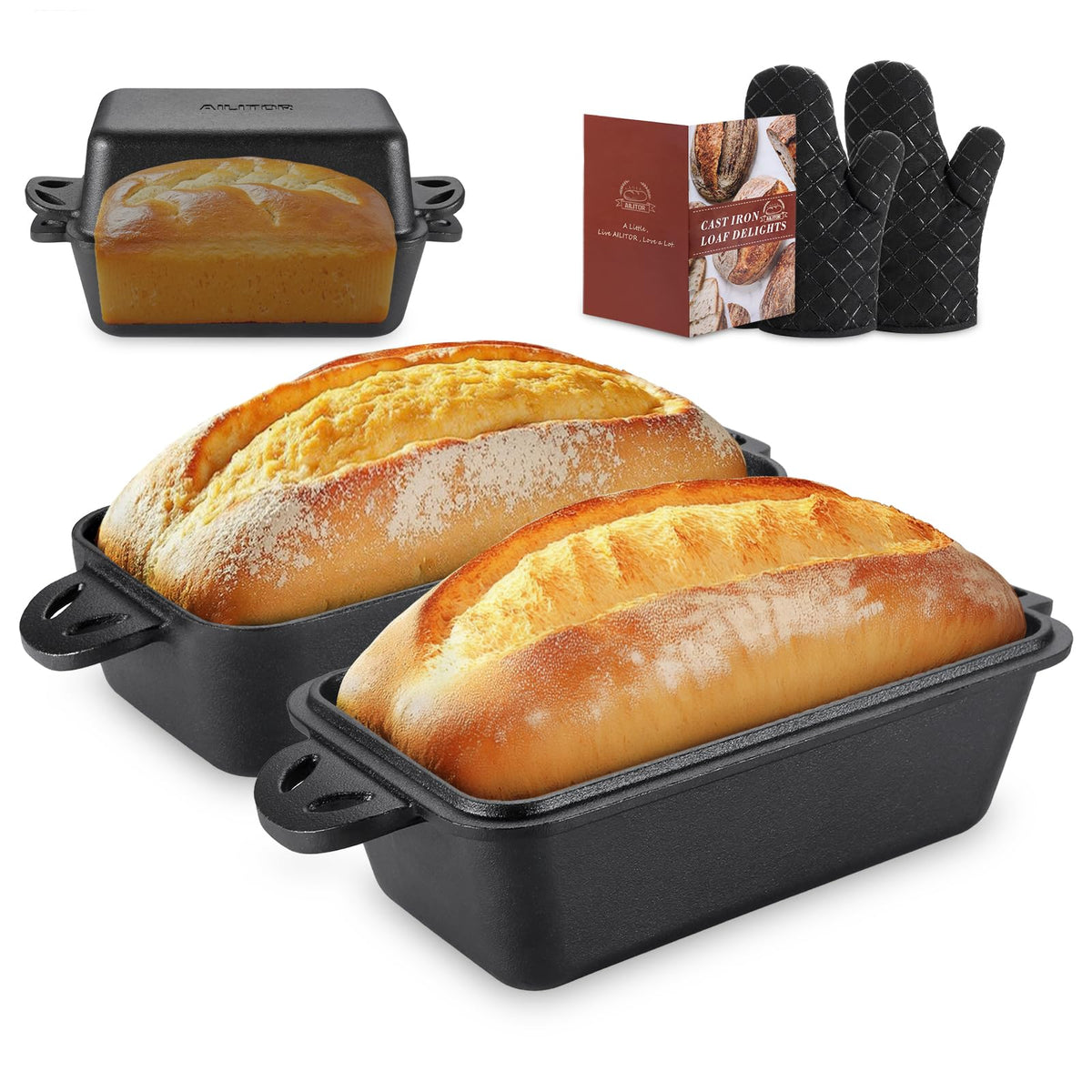 AILITOR cast iron loaf pan with lid top view showing even heat baking