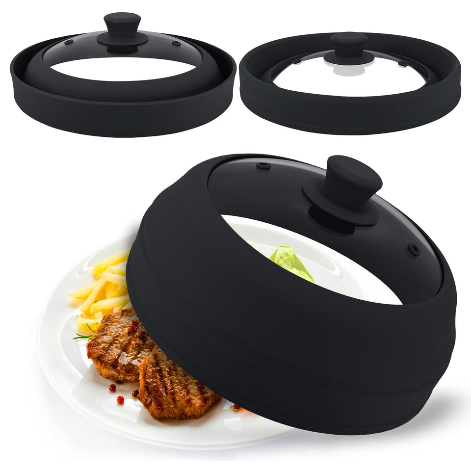 Aimatifi microwave splatter cover glass in use over food for splatter control.