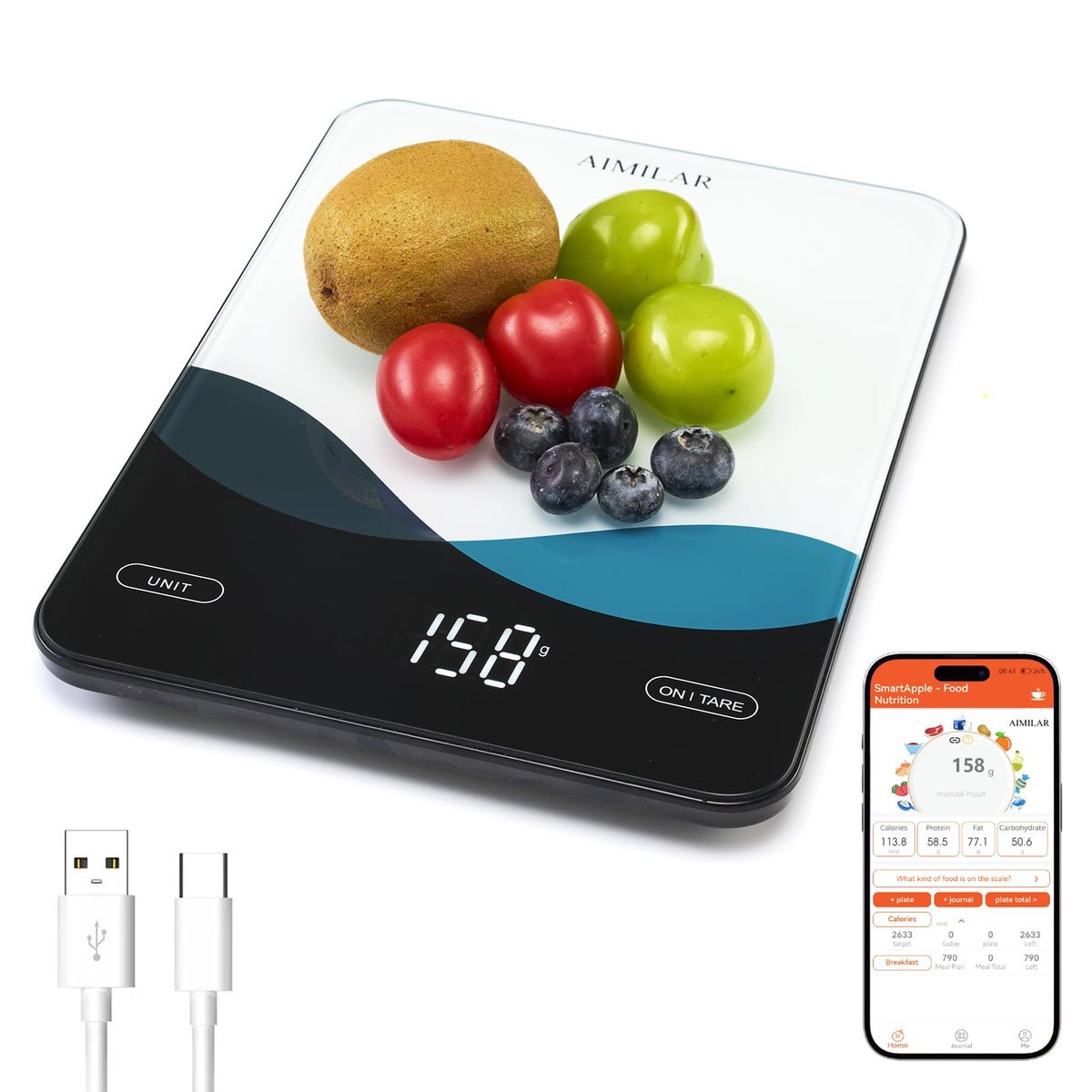 AIMILAR Bluetooth kitchen scale top view showing compact 10kg capacity for meal prep
