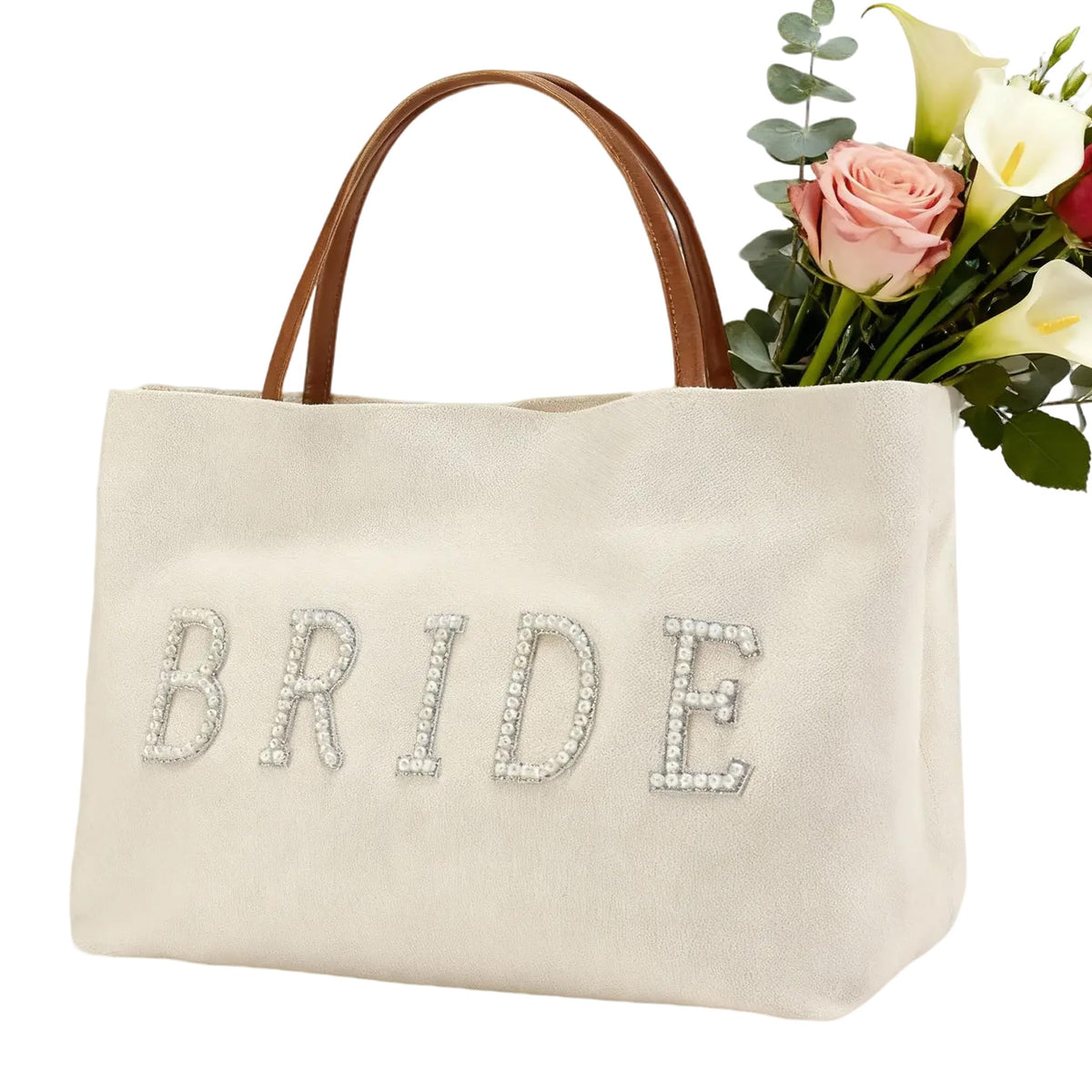 AINMEGE Bride Tote Bag with pearls embellishment for bridal shower styling