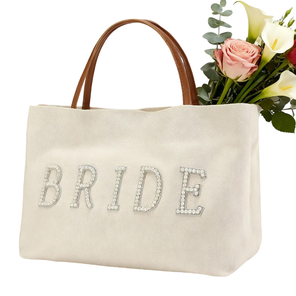 AINMEGE Bride Tote Bag with pearls embellishment for bridal shower styling