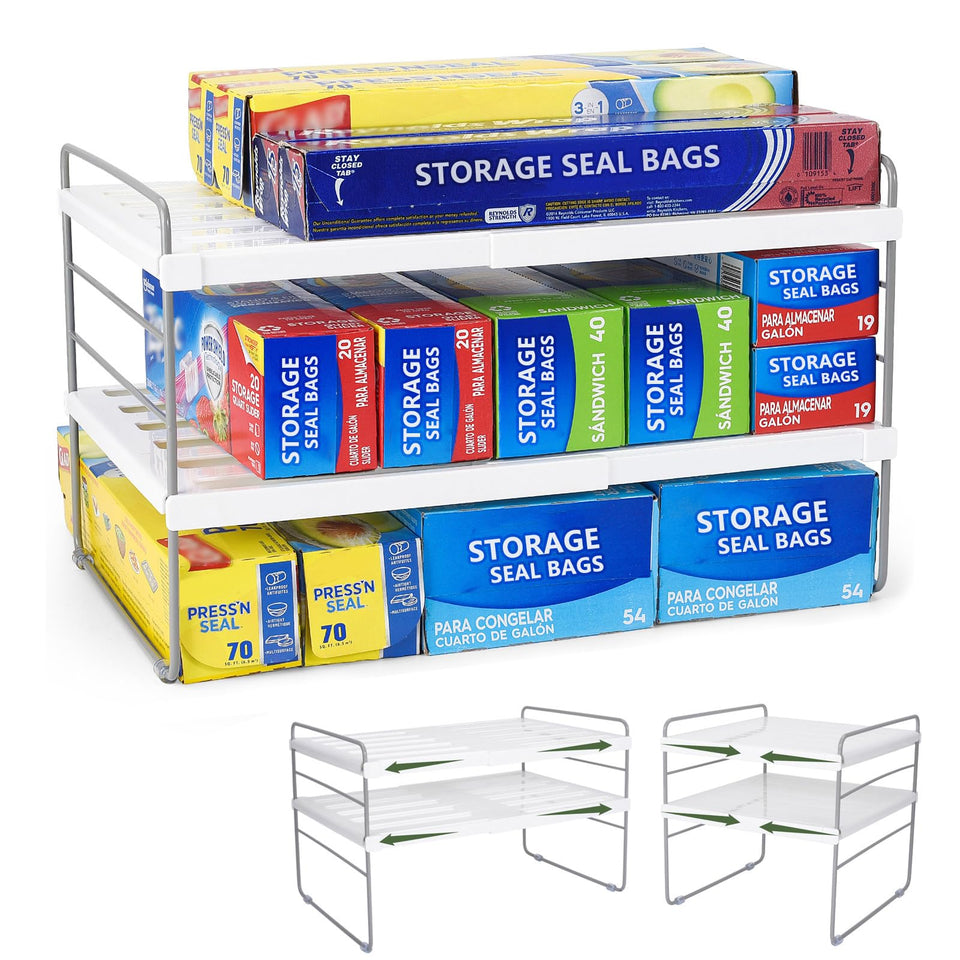Aionvidas expandable wrap organizer in three tiers stores wraps neatly within 9.8 to 15.6 inches
