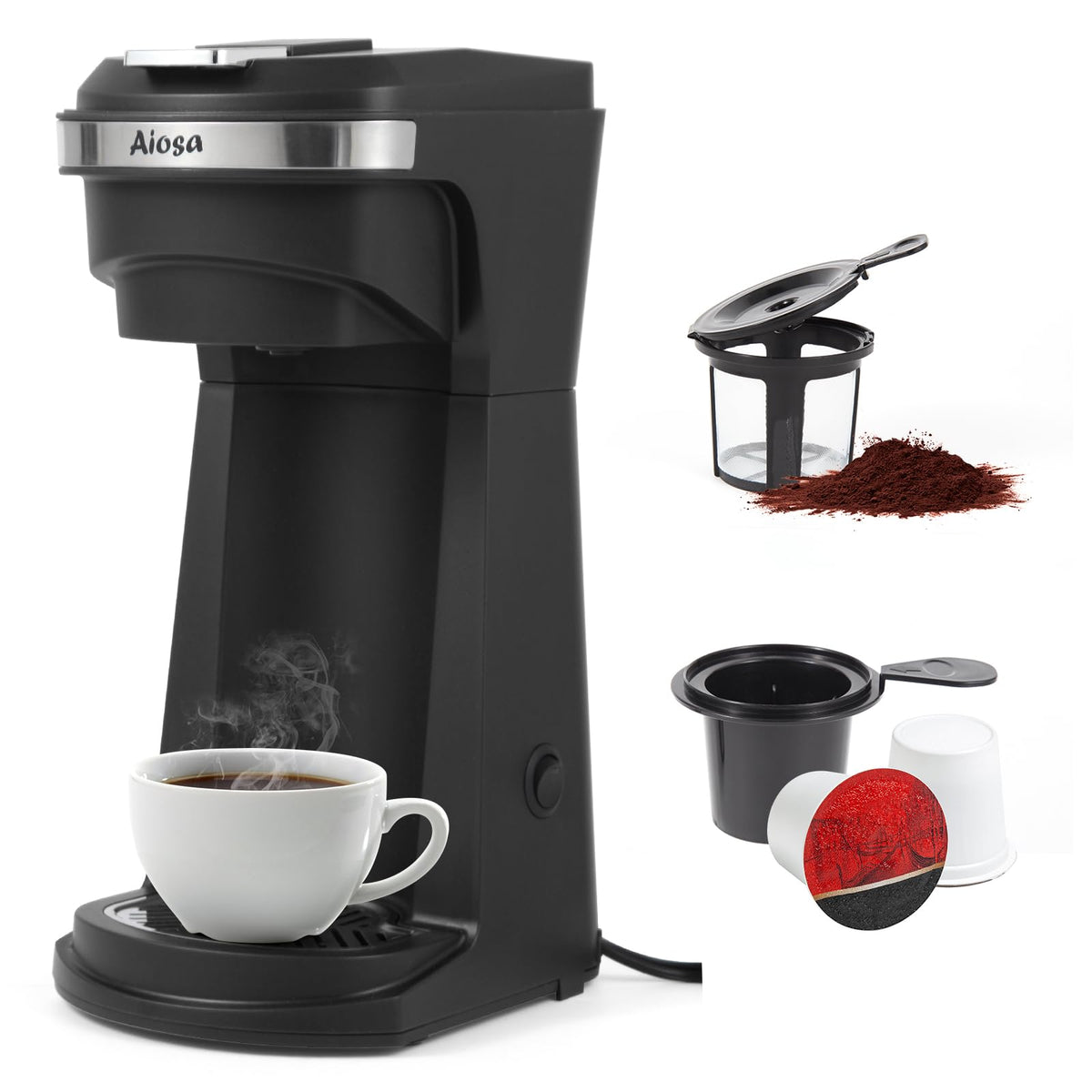 Aiosa 2-in-1 KCup coffee maker, front view, compact for small spaces