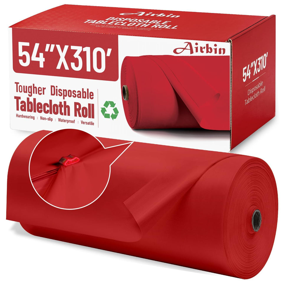 Airbin red tablecloth 310ft covers a long party table for quick setup