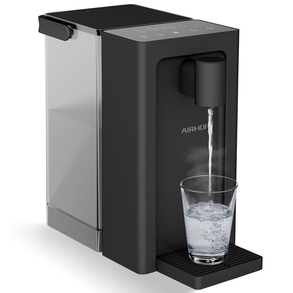 AirHOP instant hot water dispenser front view for a compact kitchen setup.