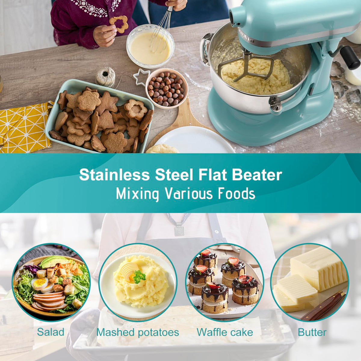 airkitrep flat beater attached to KitchenAid for consistent batter results