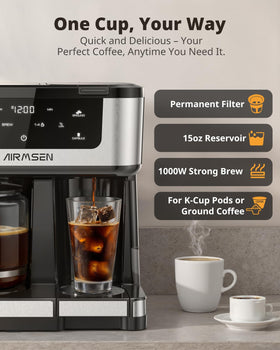 AIRMSEN 1000W rapid-brew system delivers quick, hot coffee.