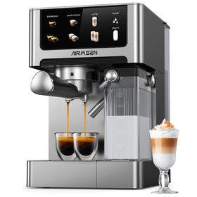 AIRMSEN 20 Bar espresso machine front view in brushed stainless steel for modern kitchens