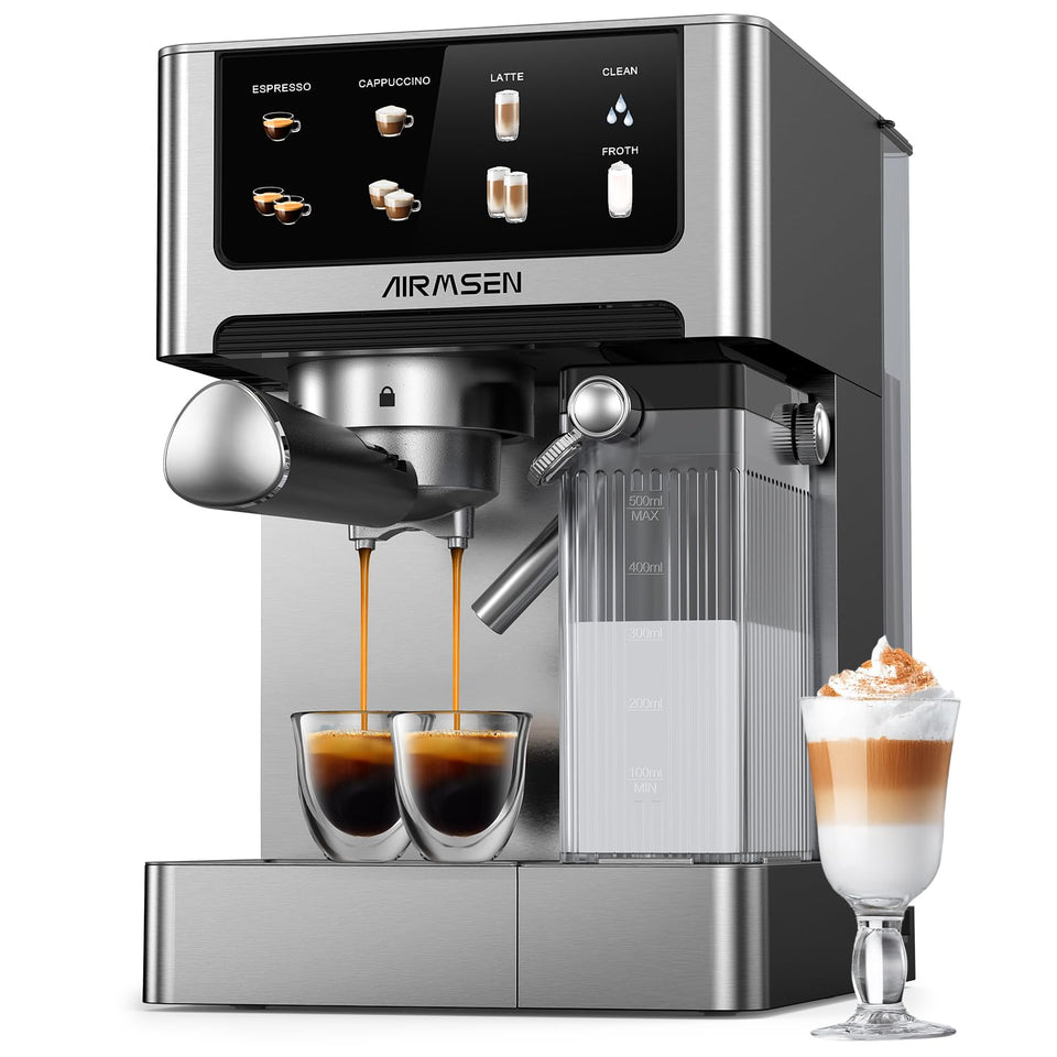 AIRMSEN 20 Bar espresso machine front view in brushed stainless steel for modern kitchens