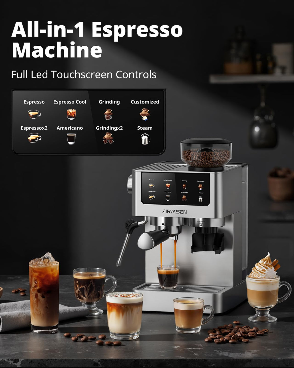 AIRMSEN burr grinder close-up with 10 grind settings for versatile coffee.