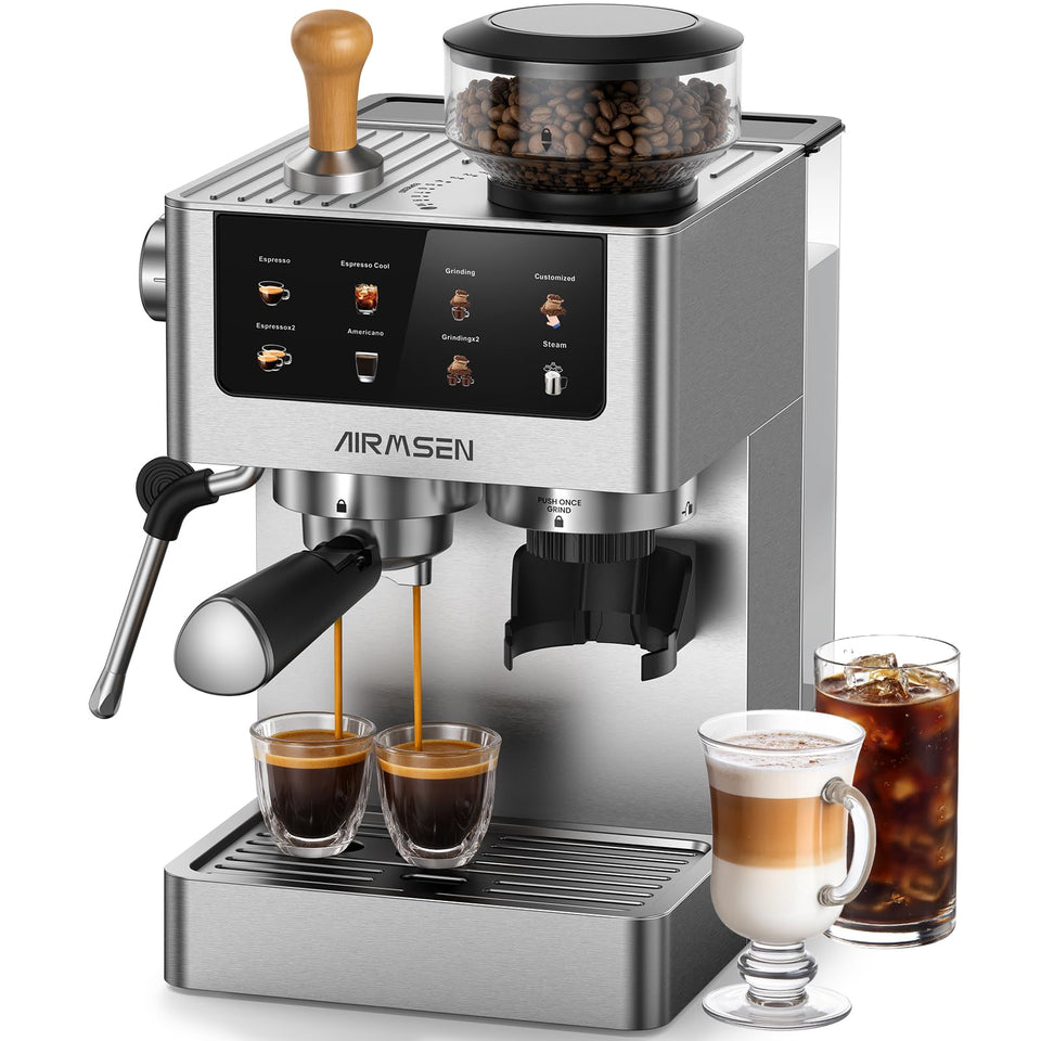 AIRMSEN espresso machine front view in stainless steel for a sleek home setup.