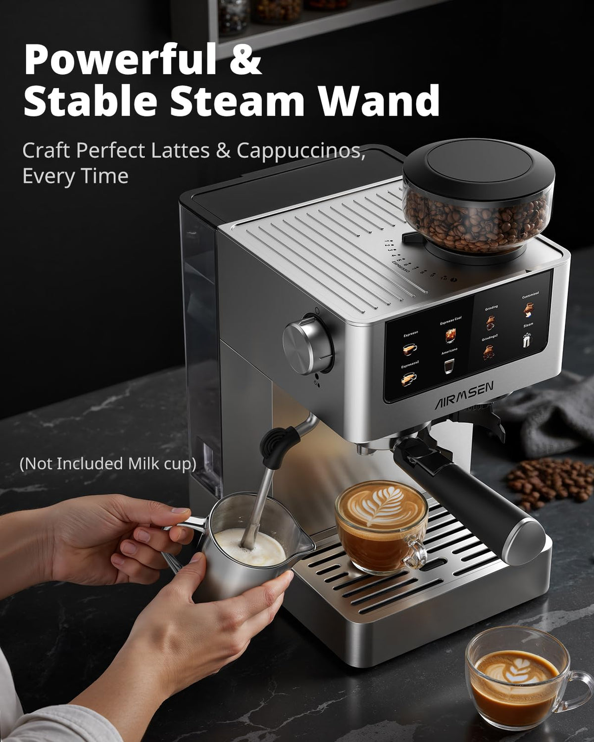 AIRMSEN full touchscreen control panel for quick, consistent coffee settings.