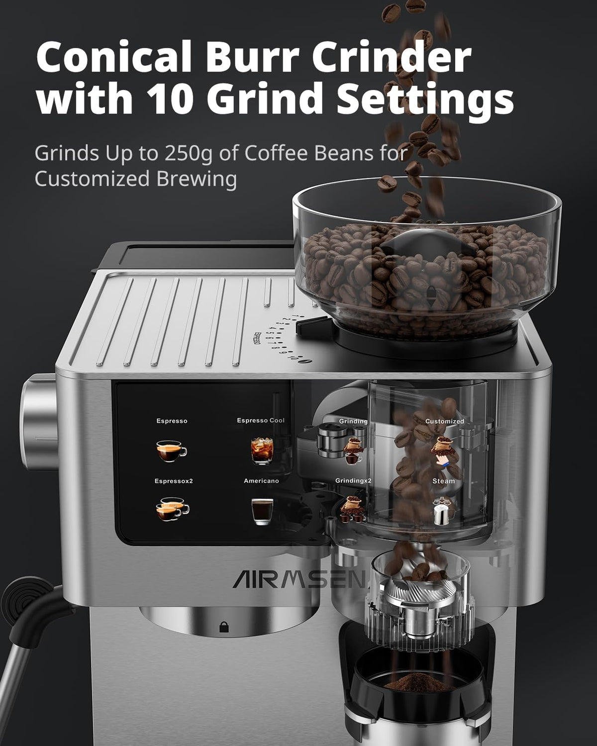 AIRMSEN steam wand froths velvety microfoam for lattes and cappuccinos.