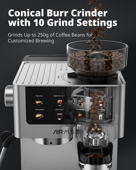 AIRMSEN steam wand froths velvety microfoam for lattes and cappuccinos.
