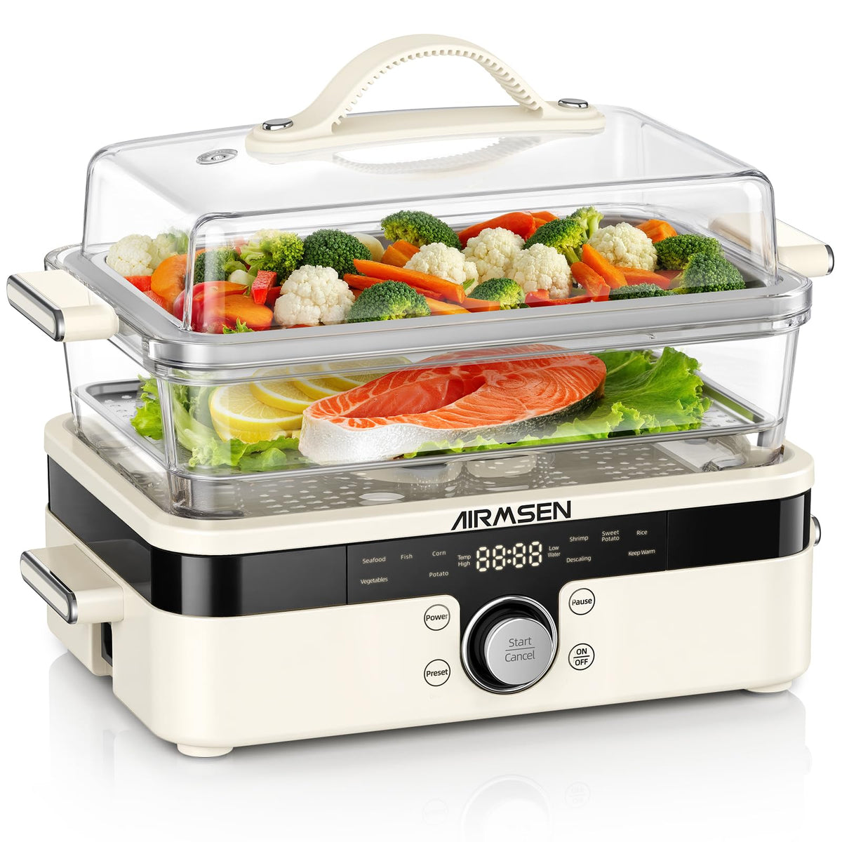 Airmsen glass steamer with two-tier trays for healthy, oil-free meals.