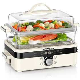 Airmsen glass steamer with two-tier trays for healthy, oil-free meals.