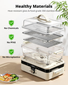 Airmsen glass steamer shows large 8.5QT capacity for family cooking.