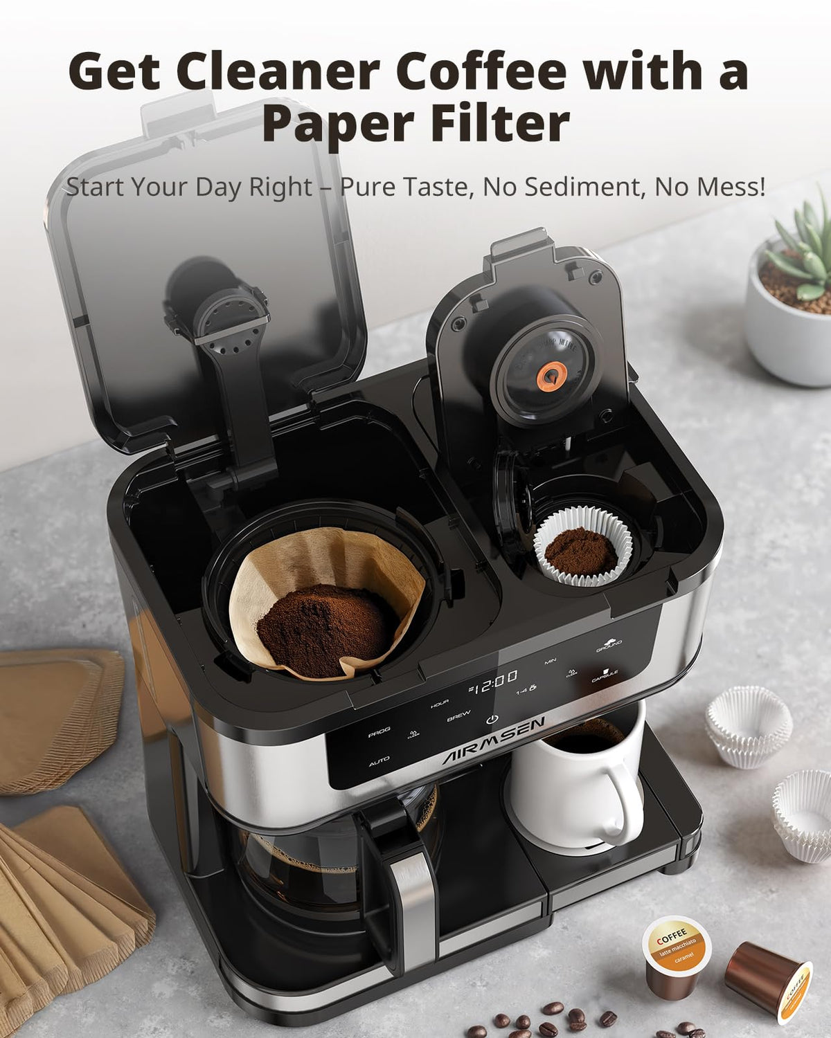 AIRMSEN 2-hour auto-keep-warm maintains ideal cup temperature.