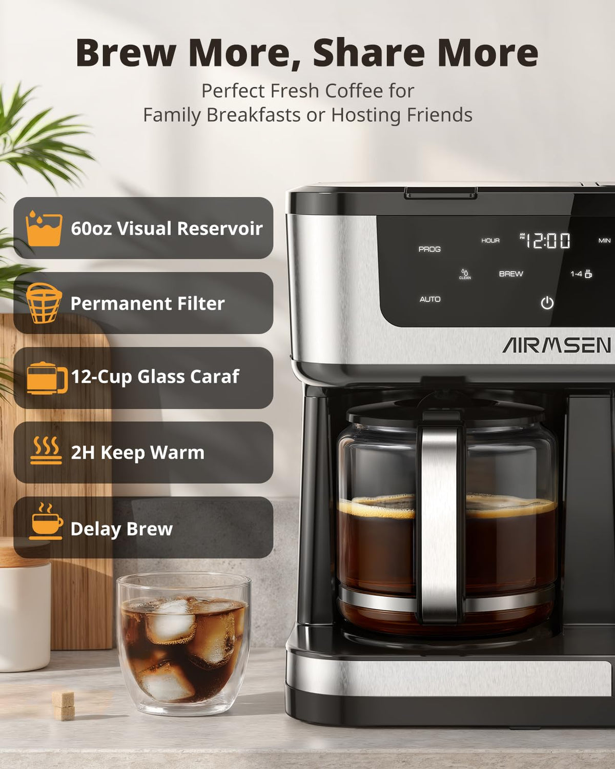 AIRMSEN single-serve option supports K-Cup or ground coffee for versatility.