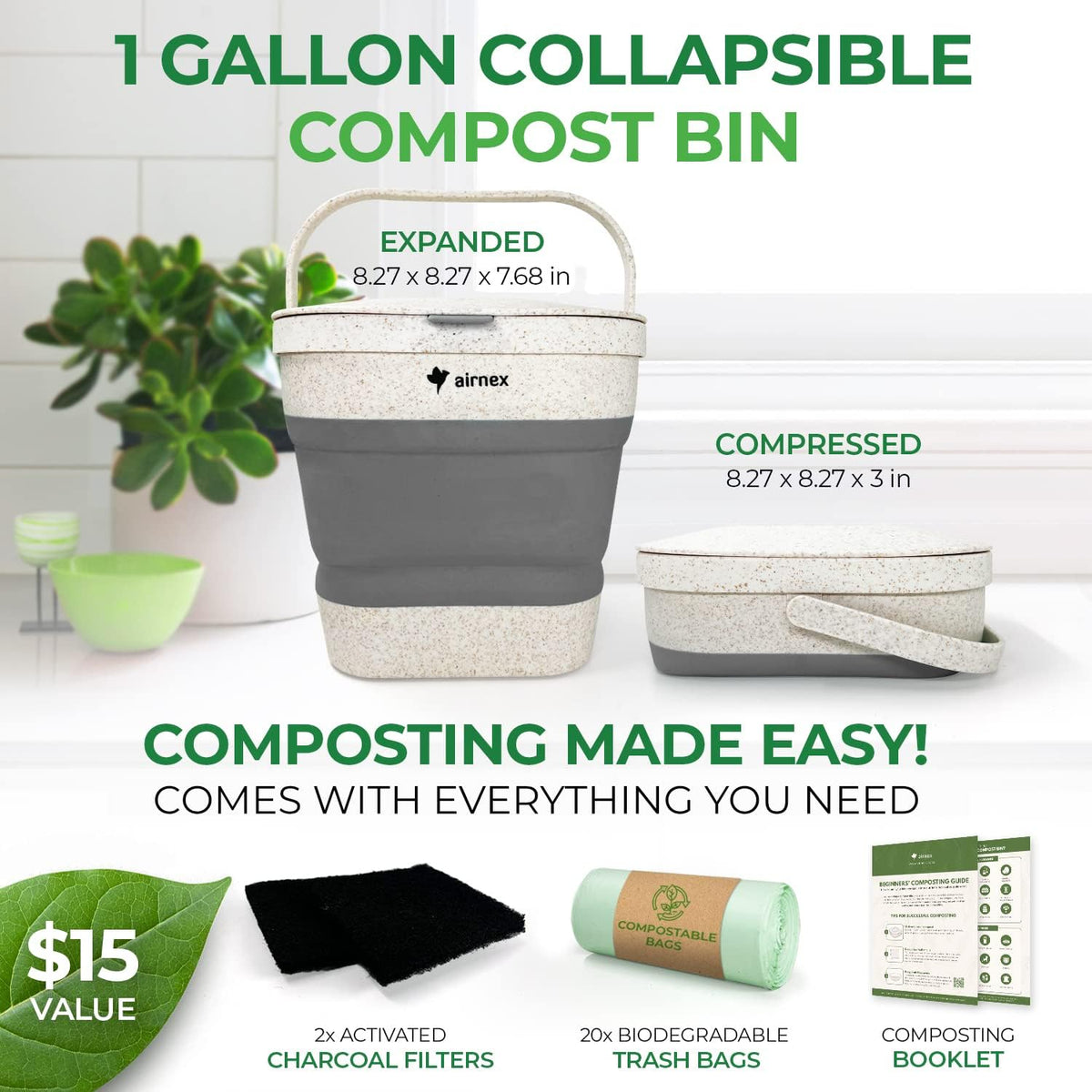 AirNEX compact countertop compost bin saves space while holding several days of scraps.