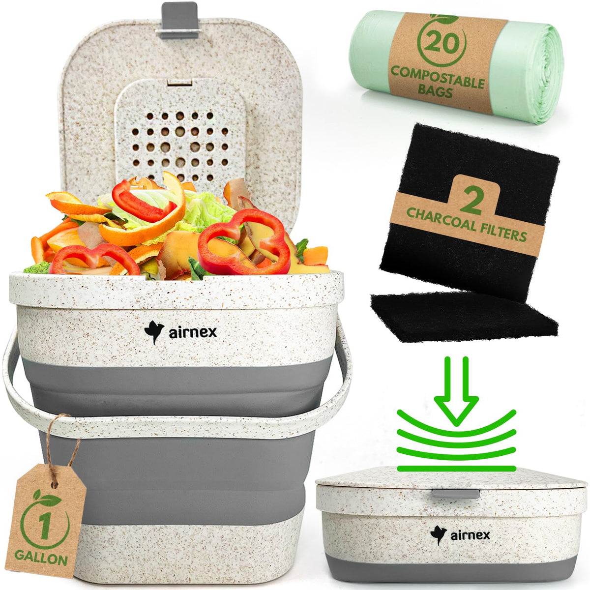 AirNEX collapsible compost bin with lid for odor control on the kitchen counter.