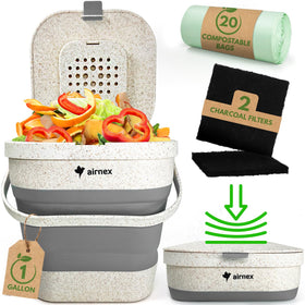AirNEX collapsible compost bin with lid for odor control on the kitchen counter.