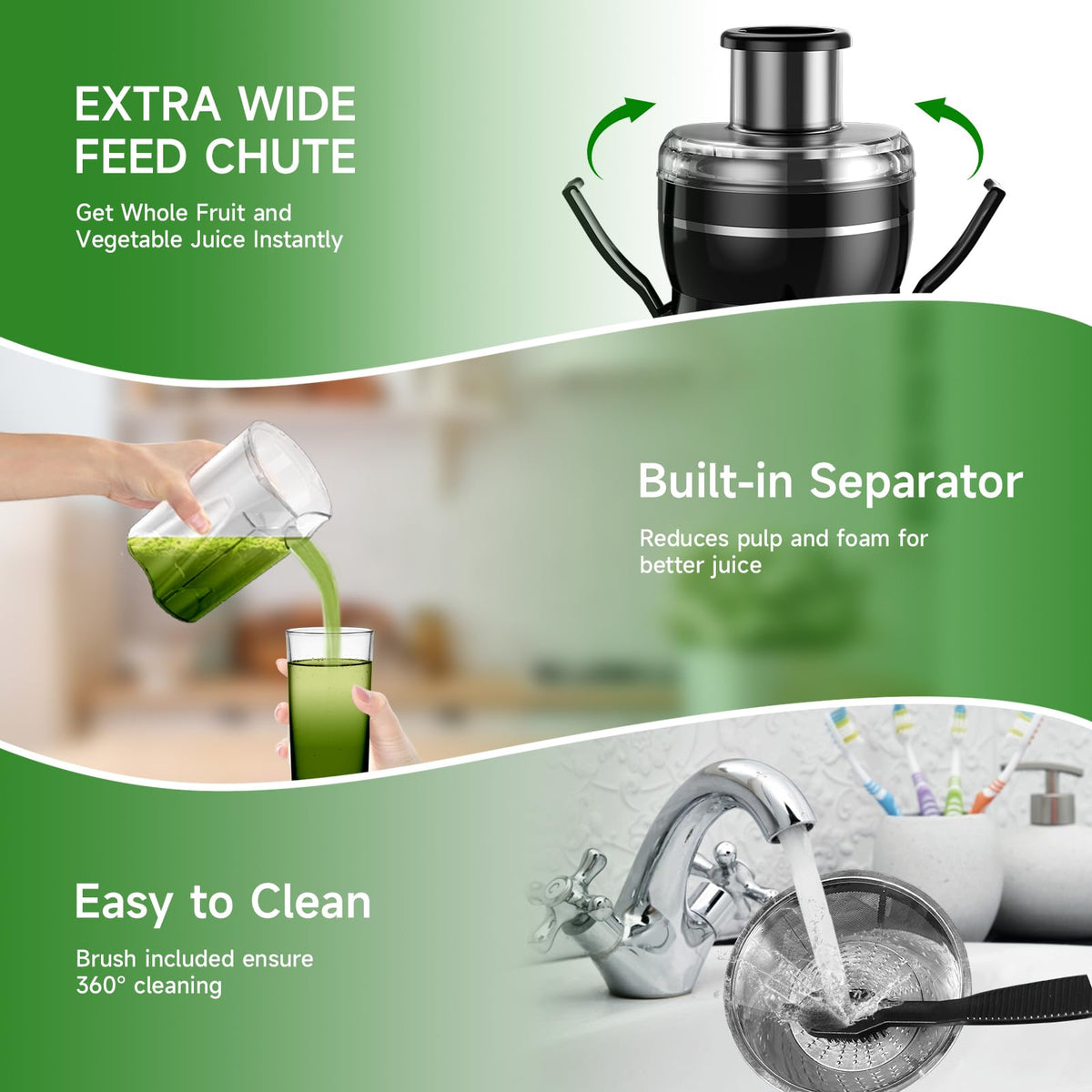 Airon juicer anti-drip spout keeps countertops clean.