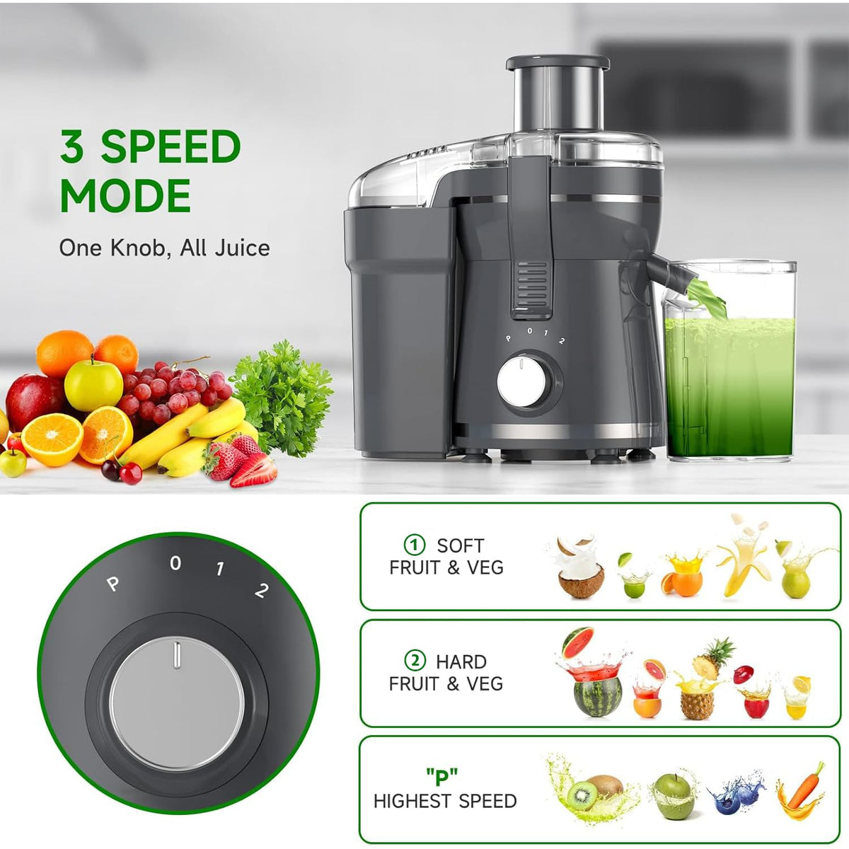 Airon juicer three-speed control panel optimizes extraction and texture