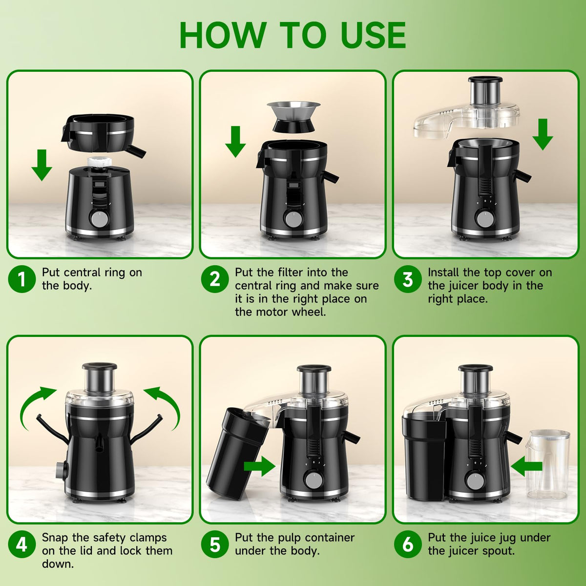 Airon juicer includes cleaning brush for quick maintenance.