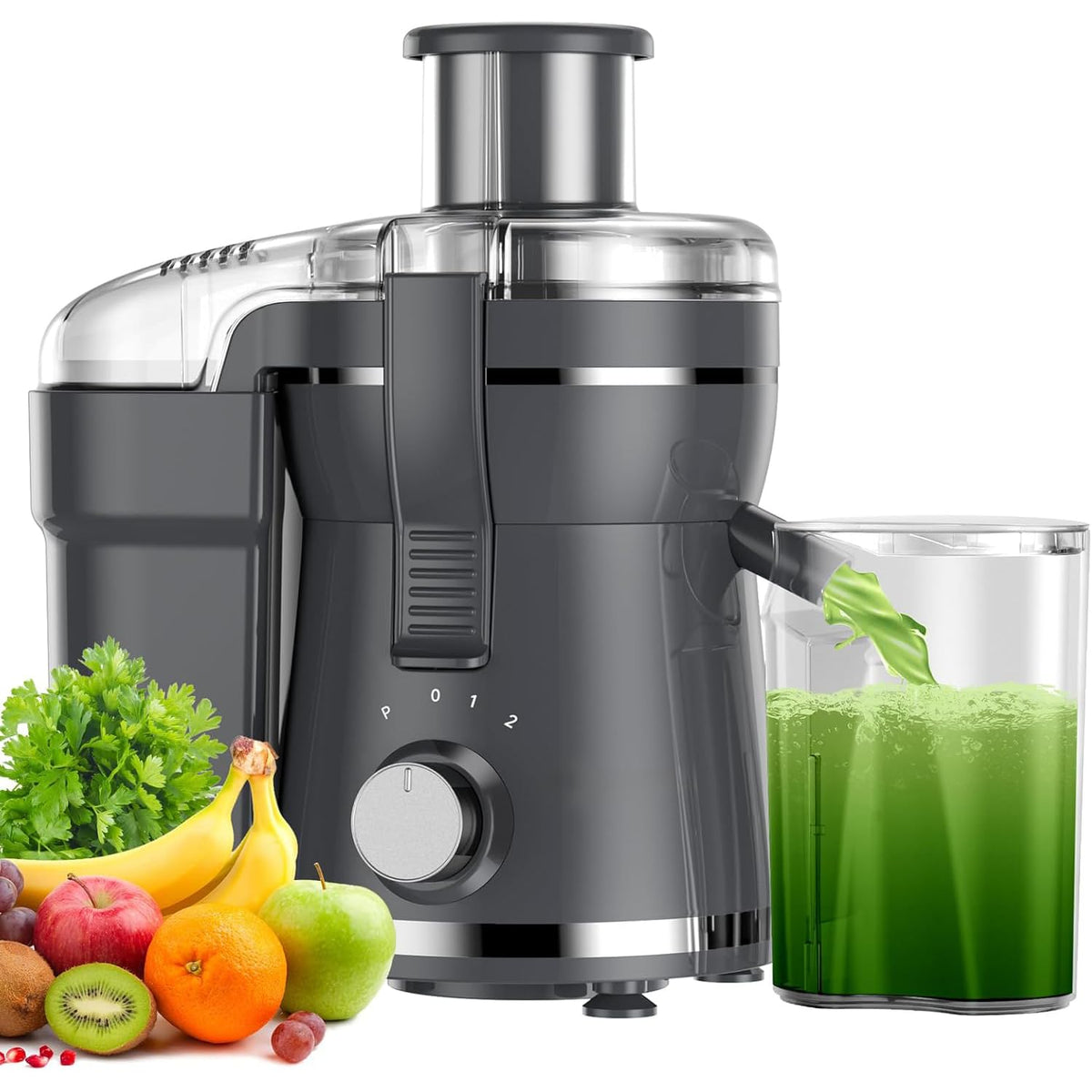 Airon juicer with wide-mouth feed opening for quick whole-fruit loading