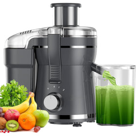 Airon juicer with wide-mouth feed opening for quick whole-fruit loading
