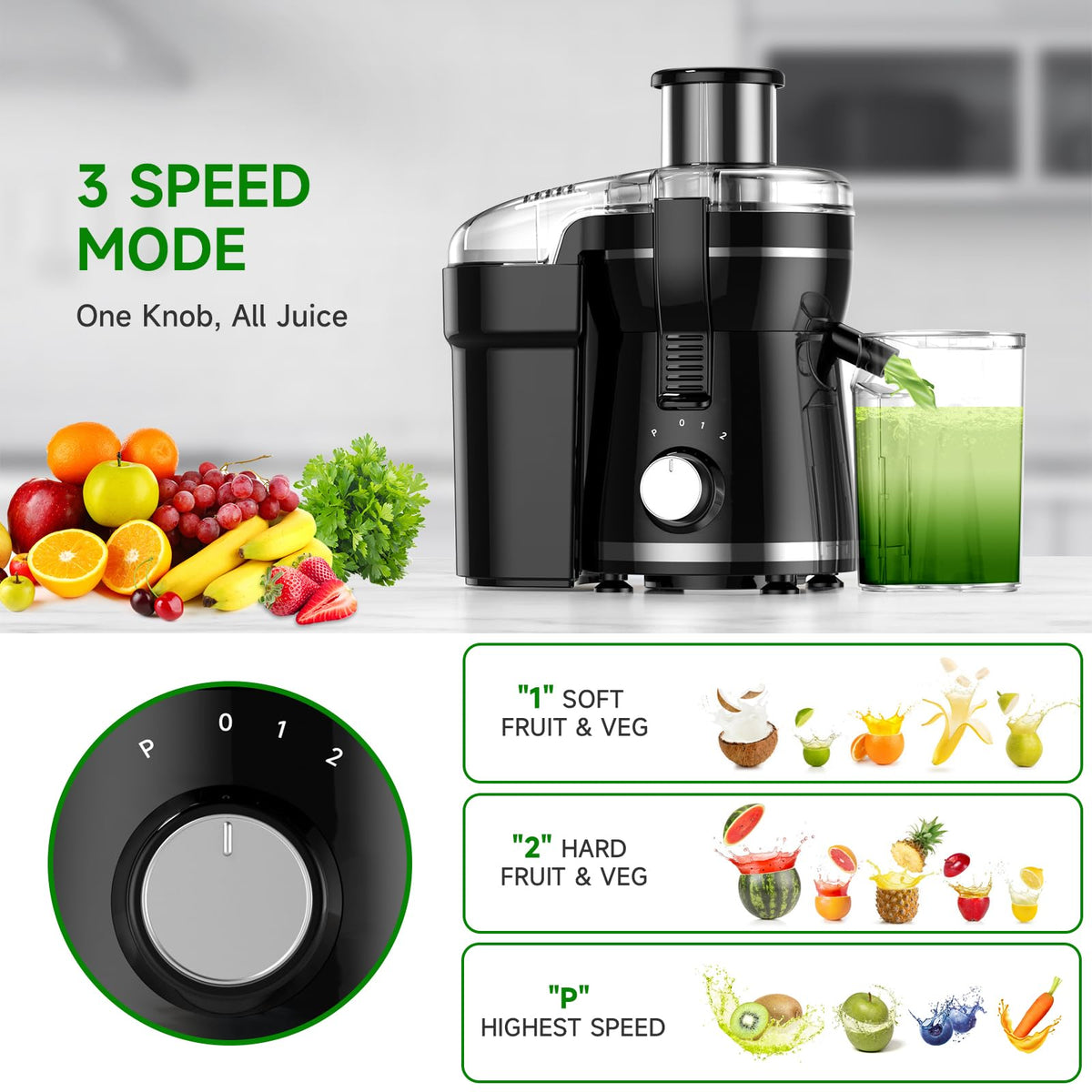 Airon juicer 3-inch wide mouth simplifies prep.