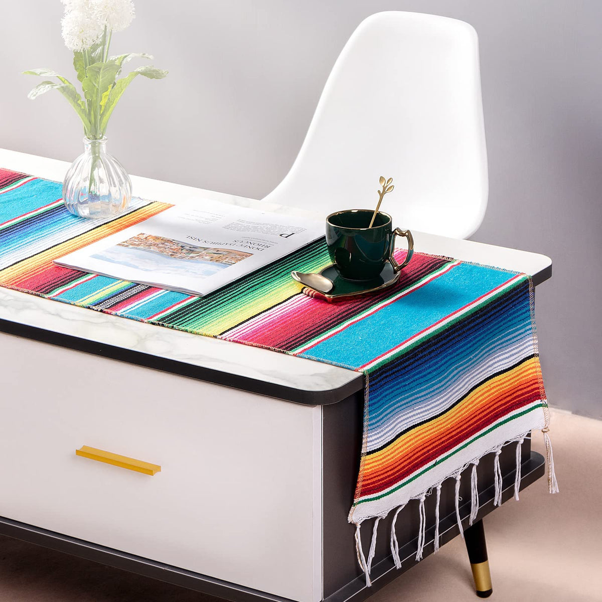 Airooglee serape table runner tassel edges create festive, eye-catching decor.