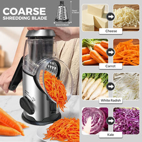 Airpro grater blades image highlighting three blades for slicing, shredding, and grating.