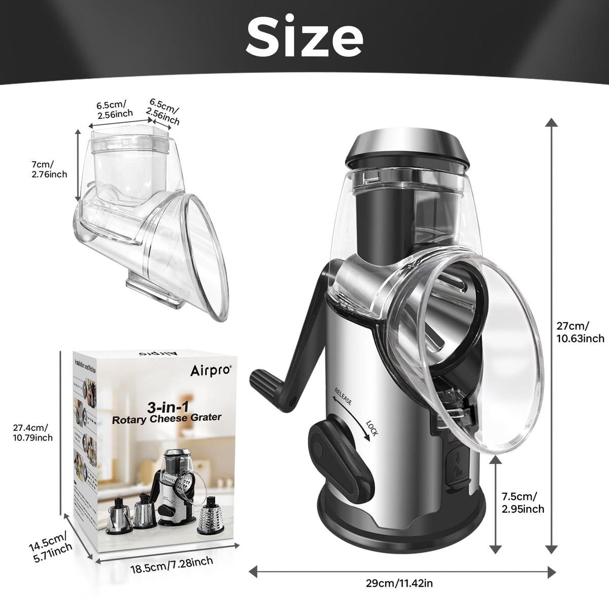 Airpro grater disassembly for easy cleaning and compact storage.