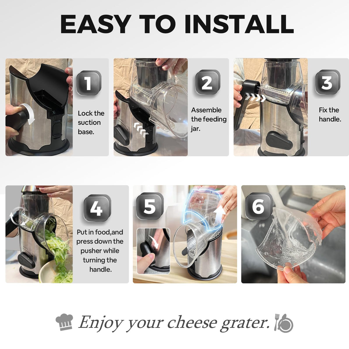 Airpro grater with food pusher reduces finger contact for safe grating.