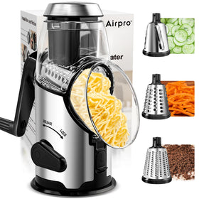 Airpro rotary cheese grater with handle for stable grating on cheese and vegetables.