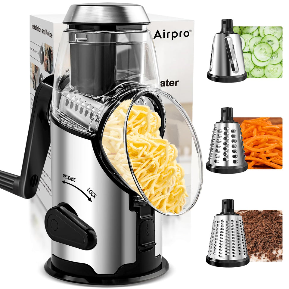 Airpro rotary cheese grater with handle for stable grating on cheese and vegetables.