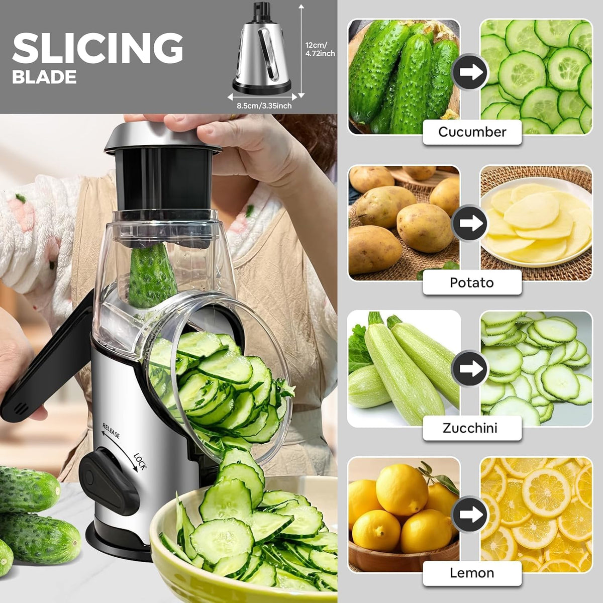 Airpro round mandoline slicer feature displaying precise, uniform slices.