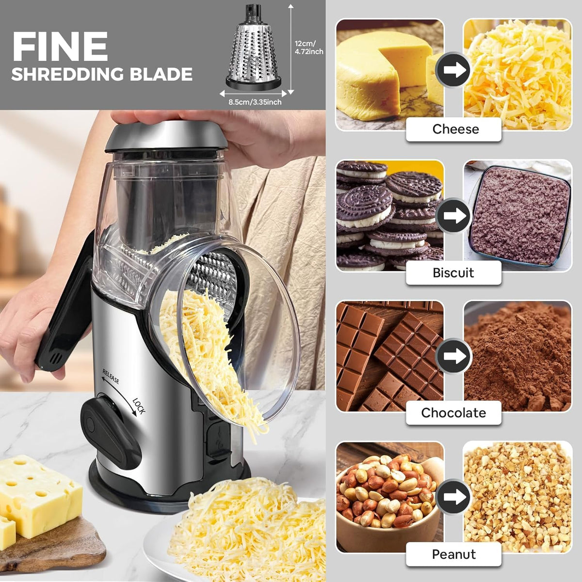 Airpro cheese grater suction base provides stable grating on glass or marble countertops.