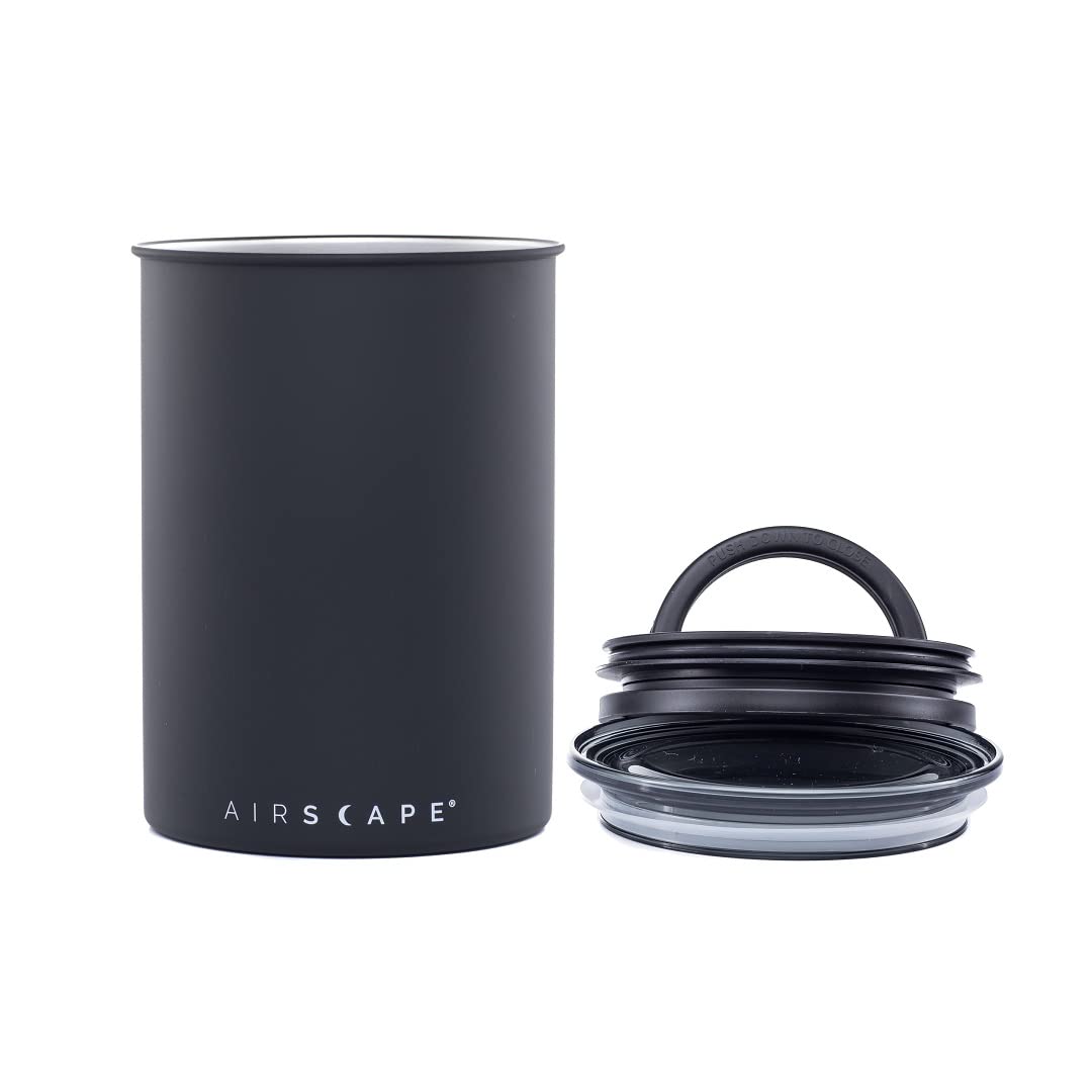 AirScape coffee canister in matte black lid preserves beans longer.