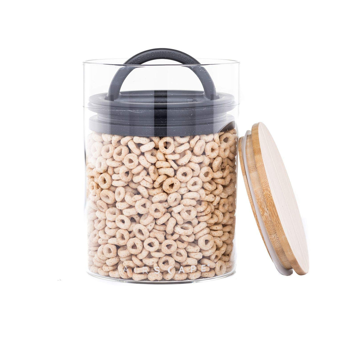 AirScape glass canister filled with coffee shows fresh storage potential.