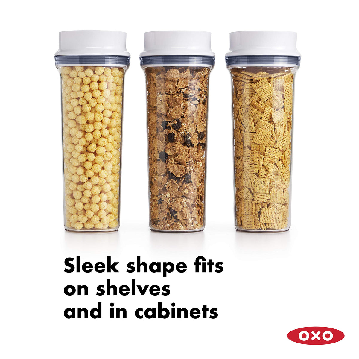 OXO Good Grips POP cereal dispensers with airtight silicone seals to keep snacks fresh.