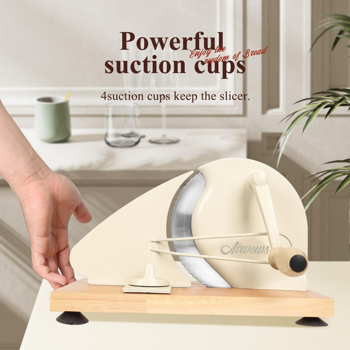 AirVows bread slicer adjustable thickness scale for uniform sourdough slices.
