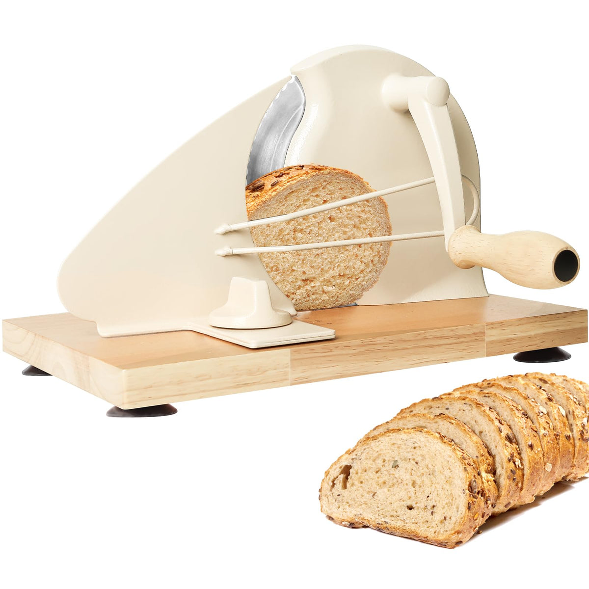AirVows manual bread slicer with wood base offering stable, even slicing.