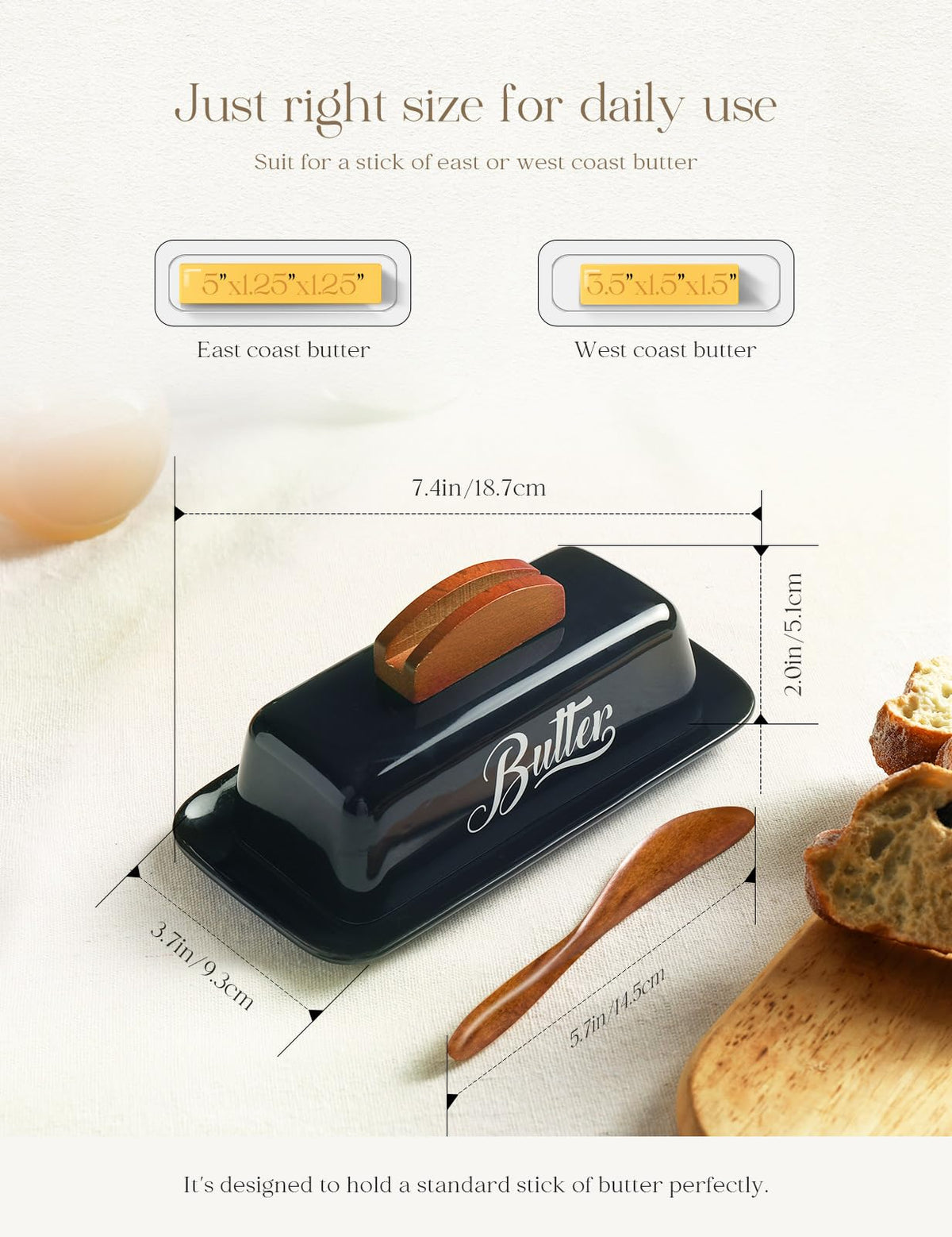 AISBUGUR compact 7.5x3.7 inch butter dish fits standard sticks.